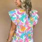 Multi Colour Flutter Sleeve Blouse - Abstract Print Notched Neck