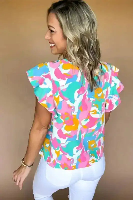 Multi Colour Flutter Sleeve Blouse - Abstract Print Notched Neck
