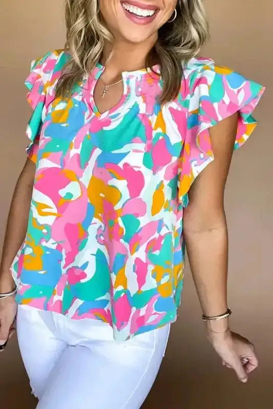 Multi Colour Flutter Sleeve Blouse - Abstract Print Notched Neck