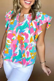 Multi Colour Flutter Sleeve Blouse - Abstract Print Notched Neck
