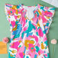 Multi Colour Flutter Sleeve Blouse - Abstract Print Notched Neck