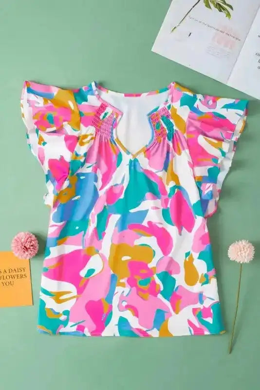 Multi Colour Flutter Sleeve Blouse - Abstract Print Notched Neck