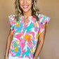 Multi Colour Flutter Sleeve Blouse - Abstract Print Notched Neck