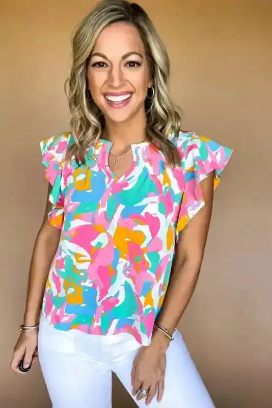 Multi Colour Flutter Sleeve Blouse - Abstract Print Notched Neck