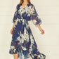 Navy Floral Kimono Sleeves Dip Hem Wrap Midi Dress