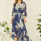 Navy Floral Kimono Sleeves Dip Hem Wrap Midi Dress