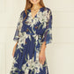 Navy Floral Kimono Sleeves Dip Hem Wrap Midi Dress