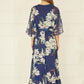 Navy Floral Kimono Sleeves Dip Hem Wrap Midi Dress