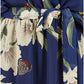 Navy Floral Kimono Sleeves Dip Hem Wrap Midi Dress