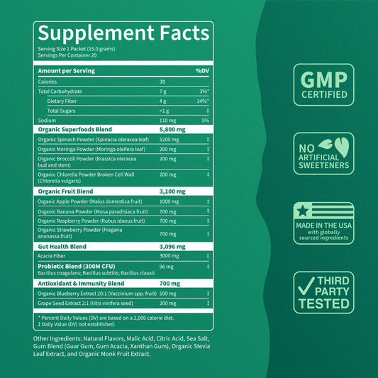 Nello Supergreens Premium Greens Drink Mix – Mango Peach, 20 Servings, Travel Pack