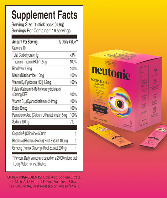 Neutonic Nootropic Focus Blend Powder | Peach Mango & Wild Berry, 32 Sticks | Caffeine Free