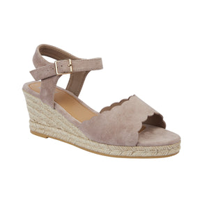 NICOLA - Ladies hessian mid-wedge sandal with scallop and buckle strap.