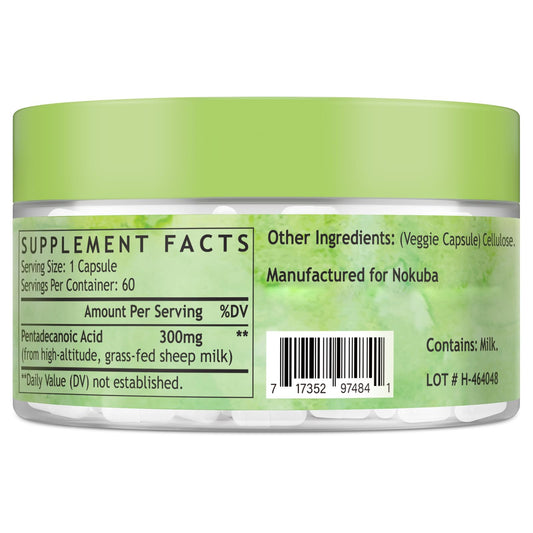 Nokuba Pentadecanoic Acid C15:0 300mg – High-Altitude Sheep Milk Sourced, 120 Capsules | USA Made