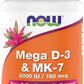 NOW Foods Mega D-3 & MK-7 - 5000 IU / 180 mcg - Bone & Cardiovascular Support – 180 Capsules