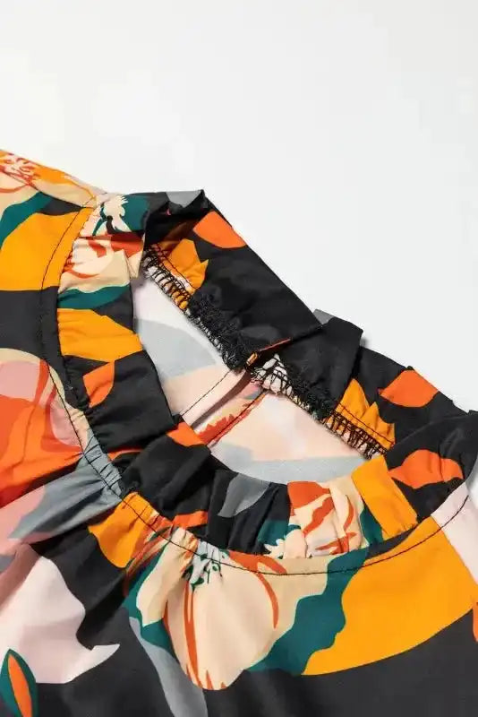 Elegant Orange Floral Long Sleeve Dress with Tie Neck