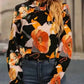Elegant Orange Floral Long Sleeve Dress with Tie Neck