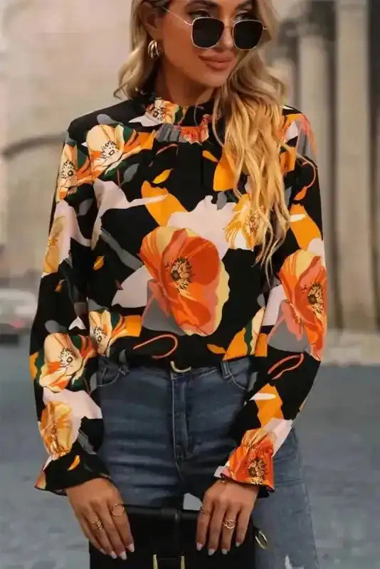 Elegant Orange Floral Long Sleeve Dress with Tie Neck