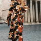 Elegant Orange Floral Long Sleeve Dress with Tie Neck