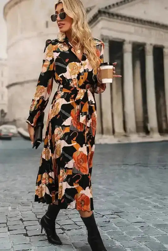 Elegant Orange Floral Long Sleeve Dress with Tie Neck