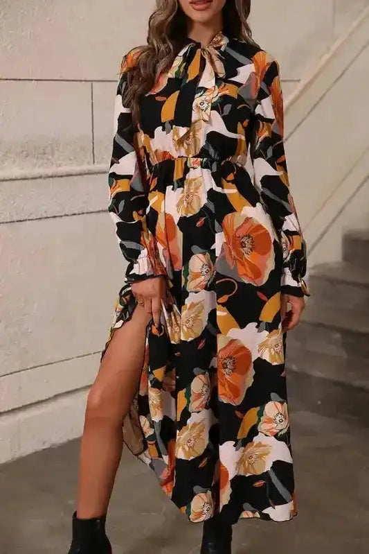 Elegant Orange Floral Long Sleeve Dress with Tie Neck