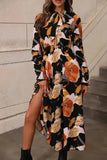 Elegant Orange Floral Long Sleeve Dress with Tie Neck