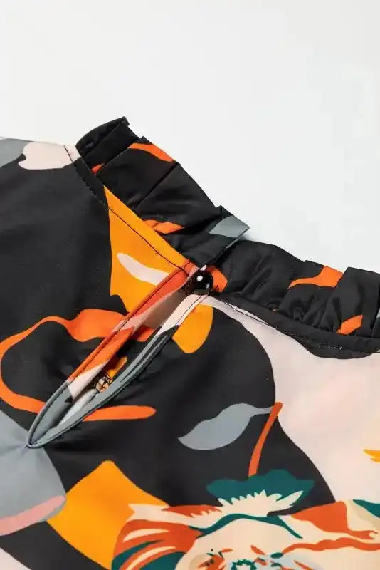 Elegant Orange Floral Long Sleeve Dress with Tie Neck