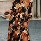 Elegant Orange Floral Long Sleeve Dress with Tie Neck