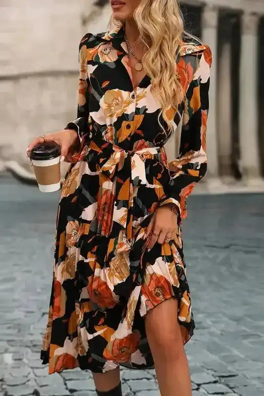 Elegant Orange Floral Long Sleeve Dress with Tie Neck