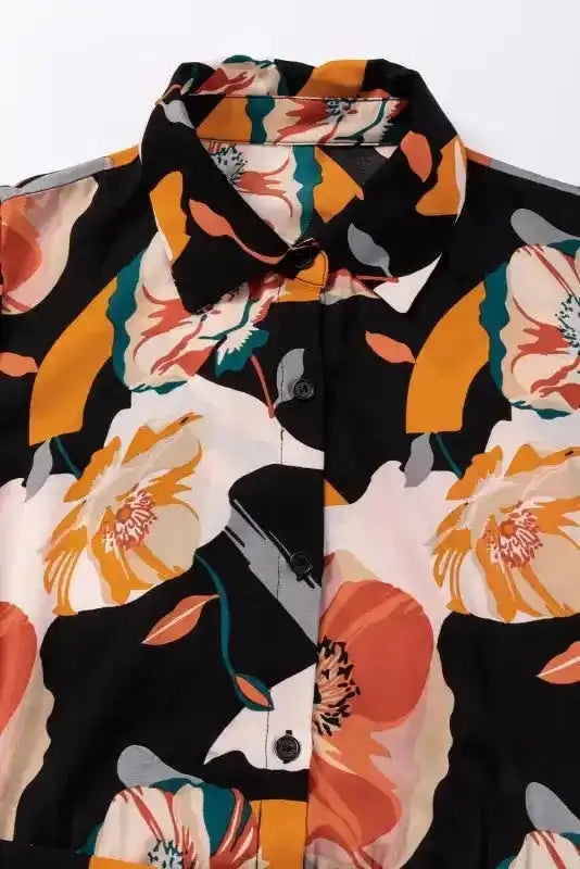 Elegant Orange Floral Long Sleeve Dress with Tie Neck