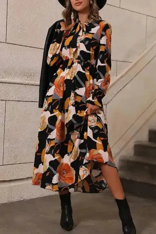 Elegant Orange Floral Long Sleeve Dress with Tie Neck
