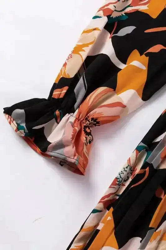 Elegant Orange Floral Long Sleeve Dress with Tie Neck