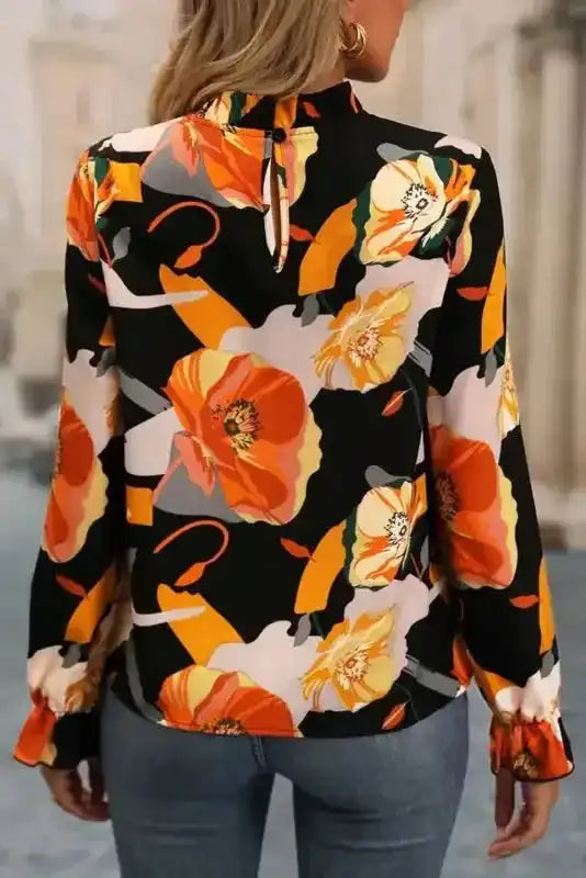 Elegant Orange Floral Long Sleeve Dress with Tie Neck