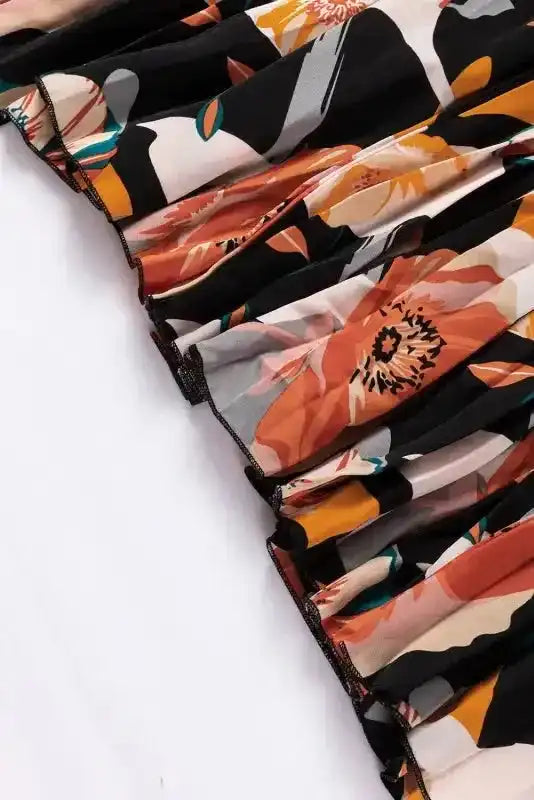 Elegant Orange Floral Long Sleeve Dress with Tie Neck