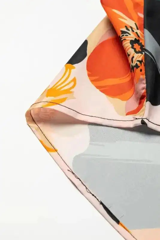 Elegant Orange Floral Long Sleeve Dress with Tie Neck