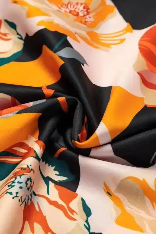 Elegant Orange Floral Long Sleeve Dress with Tie Neck