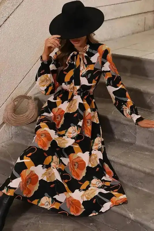 Elegant Orange Floral Long Sleeve Dress with Tie Neck