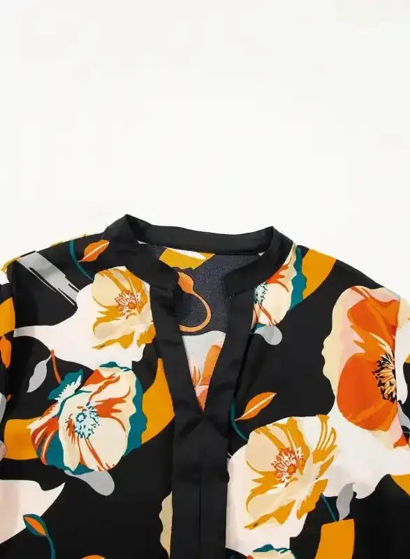 Elegant Orange Floral Long Sleeve Dress with Tie Neck