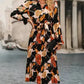Elegant Orange Floral Long Sleeve Dress with Tie Neck