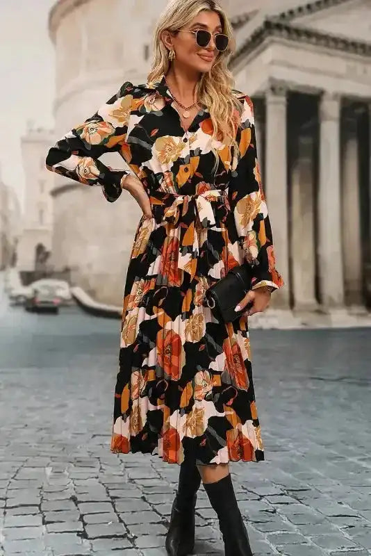 Elegant Orange Floral Long Sleeve Dress with Tie Neck