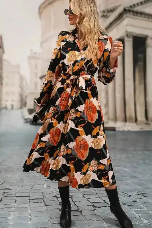 Elegant Orange Floral Long Sleeve Dress with Tie Neck