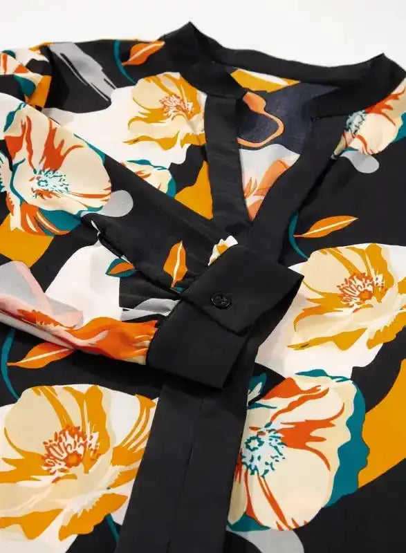 Elegant Orange Floral Long Sleeve Dress with Tie Neck