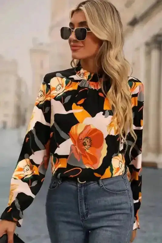 Elegant Orange Floral Long Sleeve Dress with Tie Neck