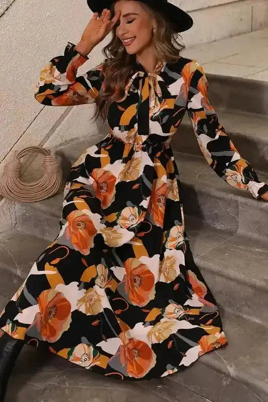 Elegant Orange Floral Long Sleeve Dress with Tie Neck