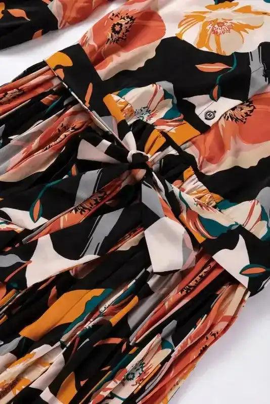 Elegant Orange Floral Long Sleeve Dress with Tie Neck