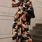 Elegant Orange Floral Long Sleeve Dress with Tie Neck