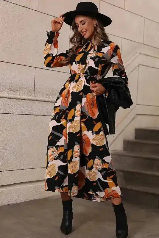Elegant Orange Floral Long Sleeve Dress with Tie Neck