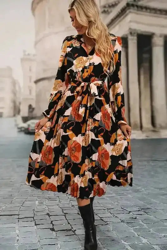 Elegant Orange Floral Long Sleeve Dress with Tie Neck