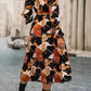 Elegant Orange Floral Long Sleeve Dress with Tie Neck