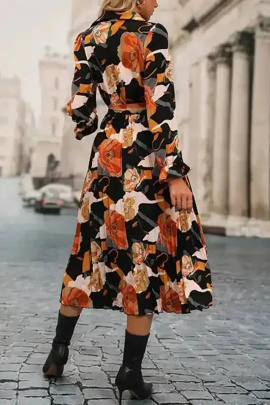 Elegant Orange Floral Long Sleeve Dress with Tie Neck