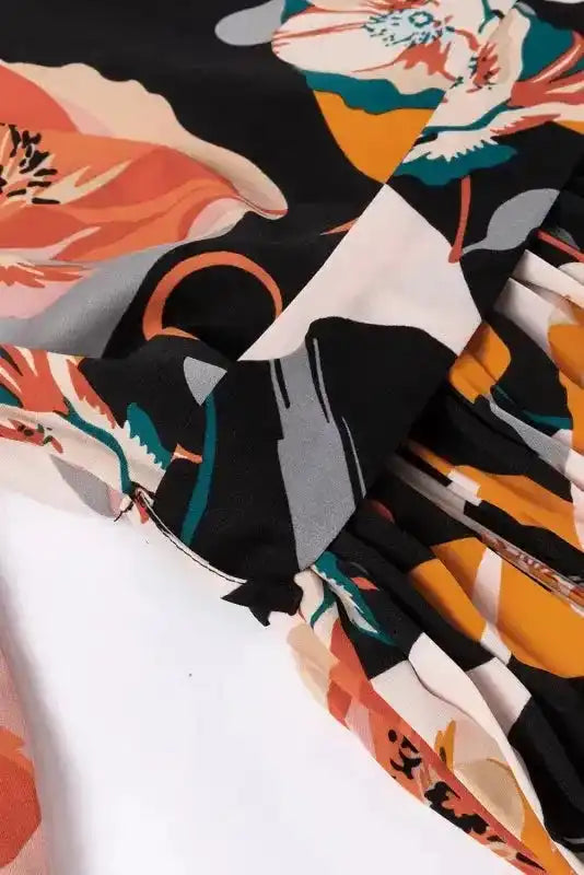 Elegant Orange Floral Long Sleeve Dress with Tie Neck